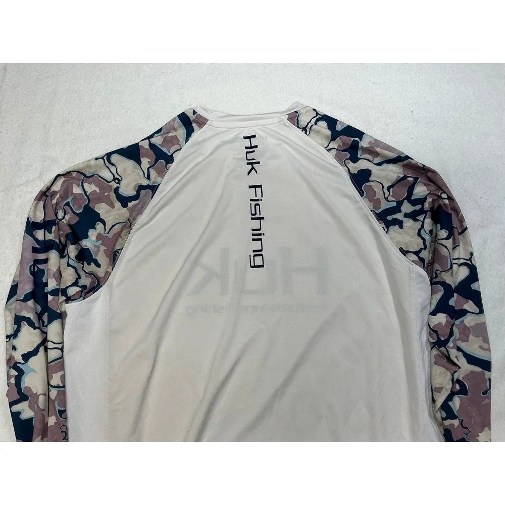 Huk‎ Performance Fishing Long Sleeve Rash Guard Shirt Men's Size M White Camo